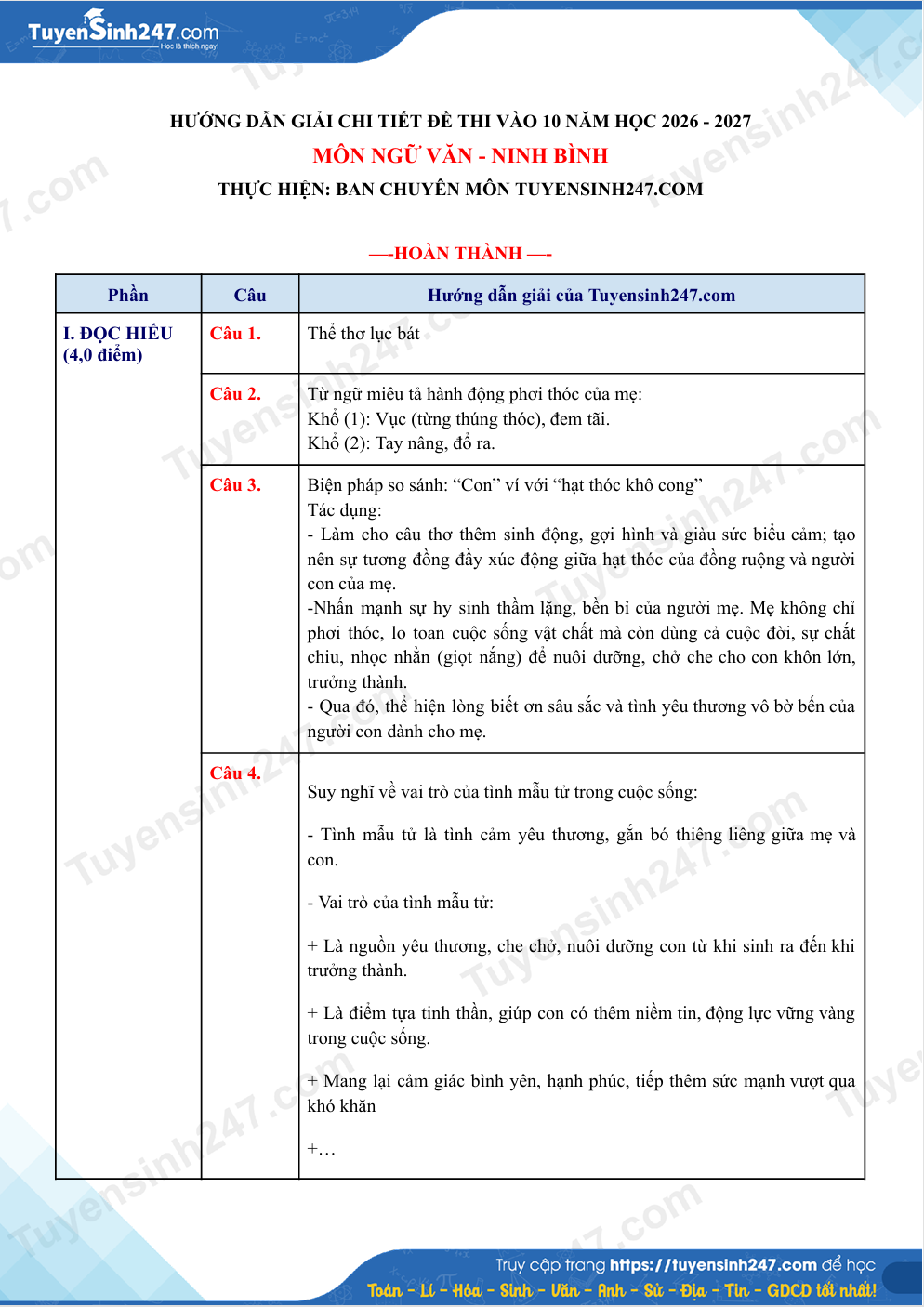 Dap an de thi vao lop 10 mon Van - Ninh Binh nam 2026