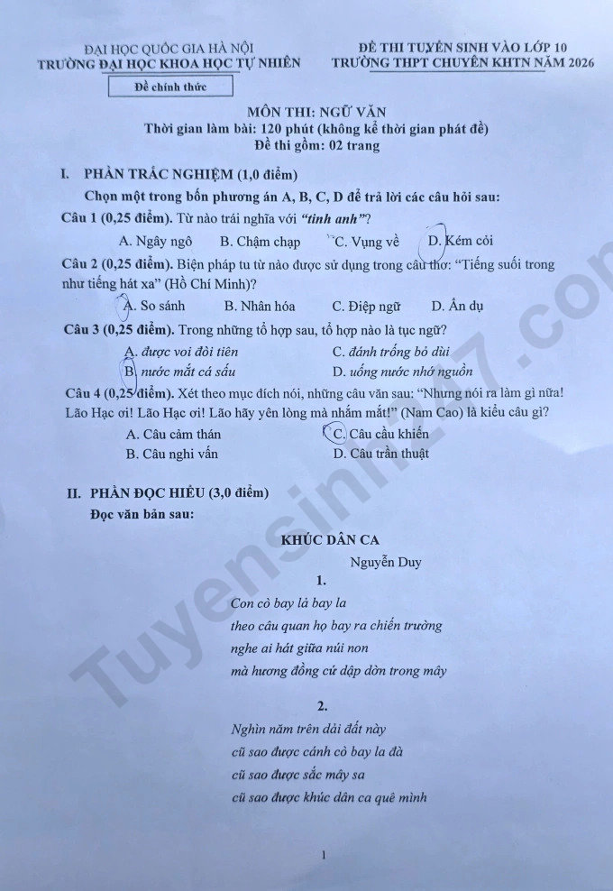 Dap an de thi vao lop 10 mon Van 2026 - Chuyen Khoa hoc tu nhien HN