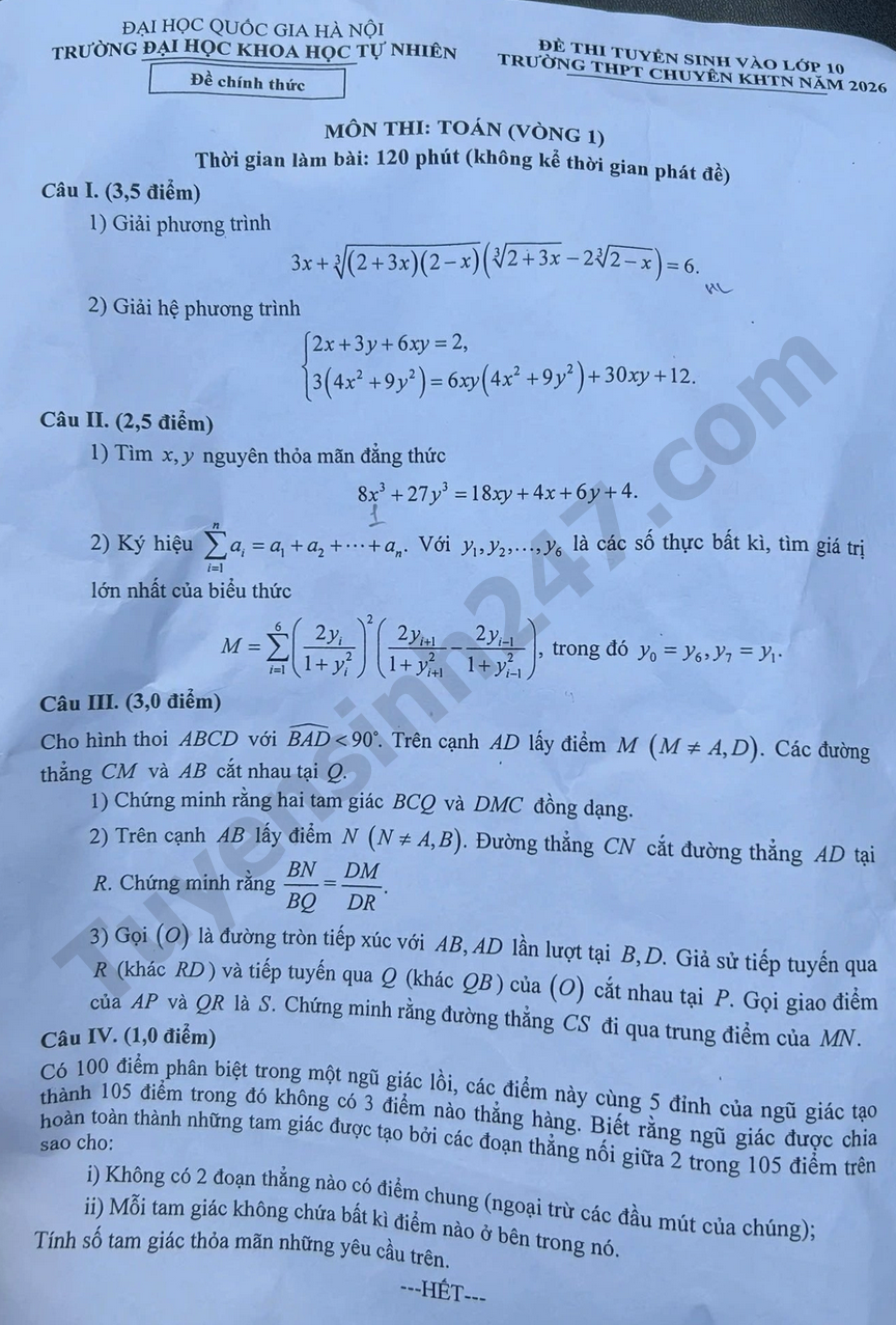 De thi vao lop 10 nam 2026 mon Toan - Chuyen Khoa hoc tu nhien HN