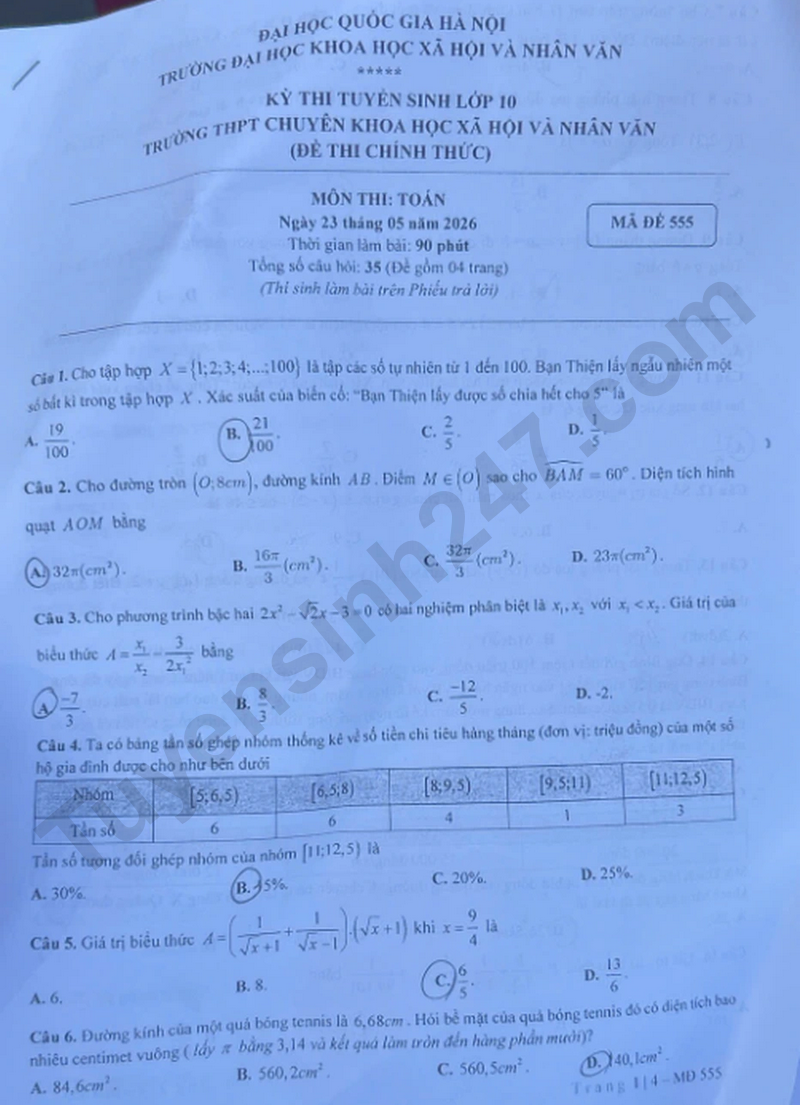 De thi vao lop 10 mon Toan 2026 - Chuyen Khoa hoc xa hoi va nhan van HN