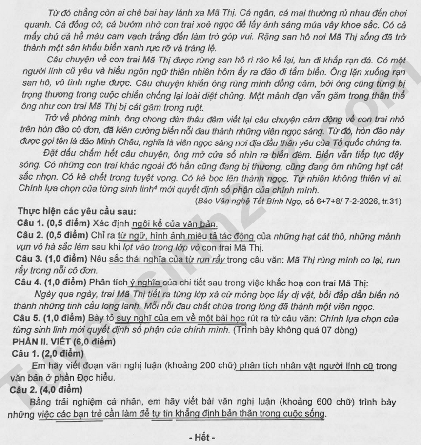 Dap an de thi vao lop 10 nam 2026 mon Van - Da Nang