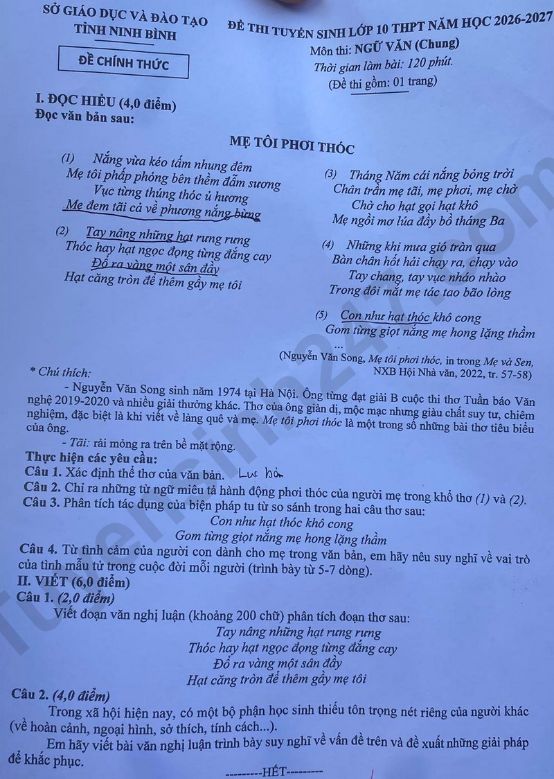 Dap an de thi vao lop 10 mon Van - Ninh Binh nam 2026