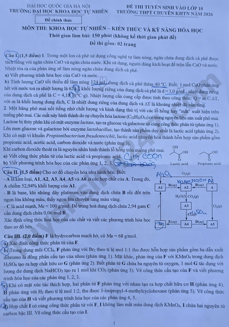 De thi vao 10 mon Hoa Chuyen 2026 - Chuyen Khoa hoc tu nhien HN