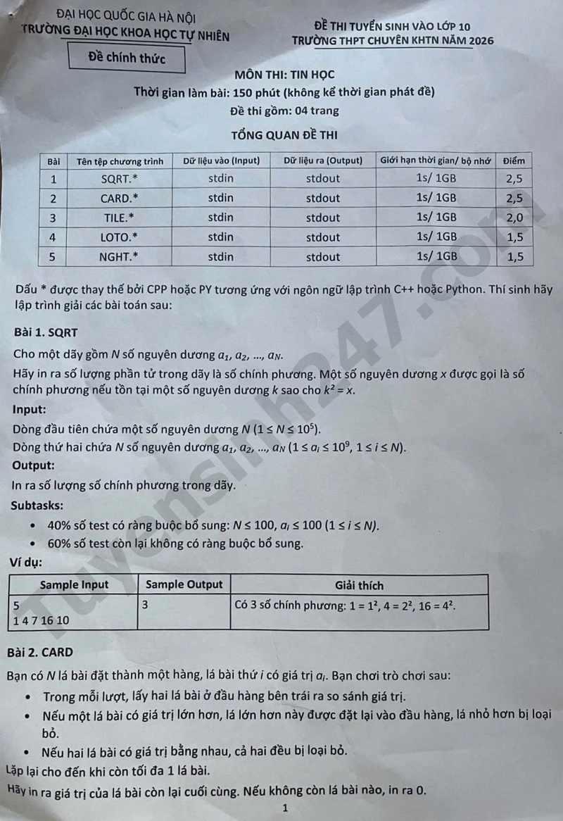 De thi vao lop 10 mon Tin 2026 - Khoa hoc tu nhien HN