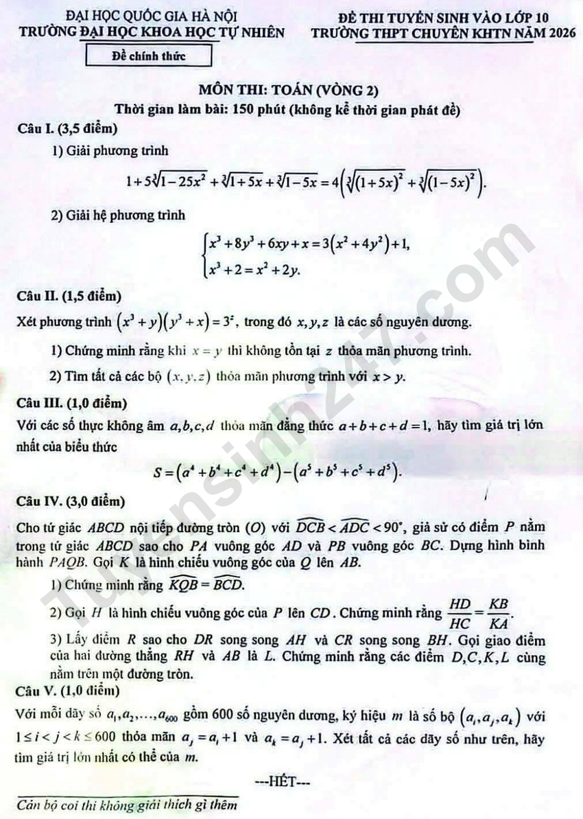 De thi vao lop 10 mon Toan vong 2 - THPT Chuyen Khoa hoc tu nhien HN 2026