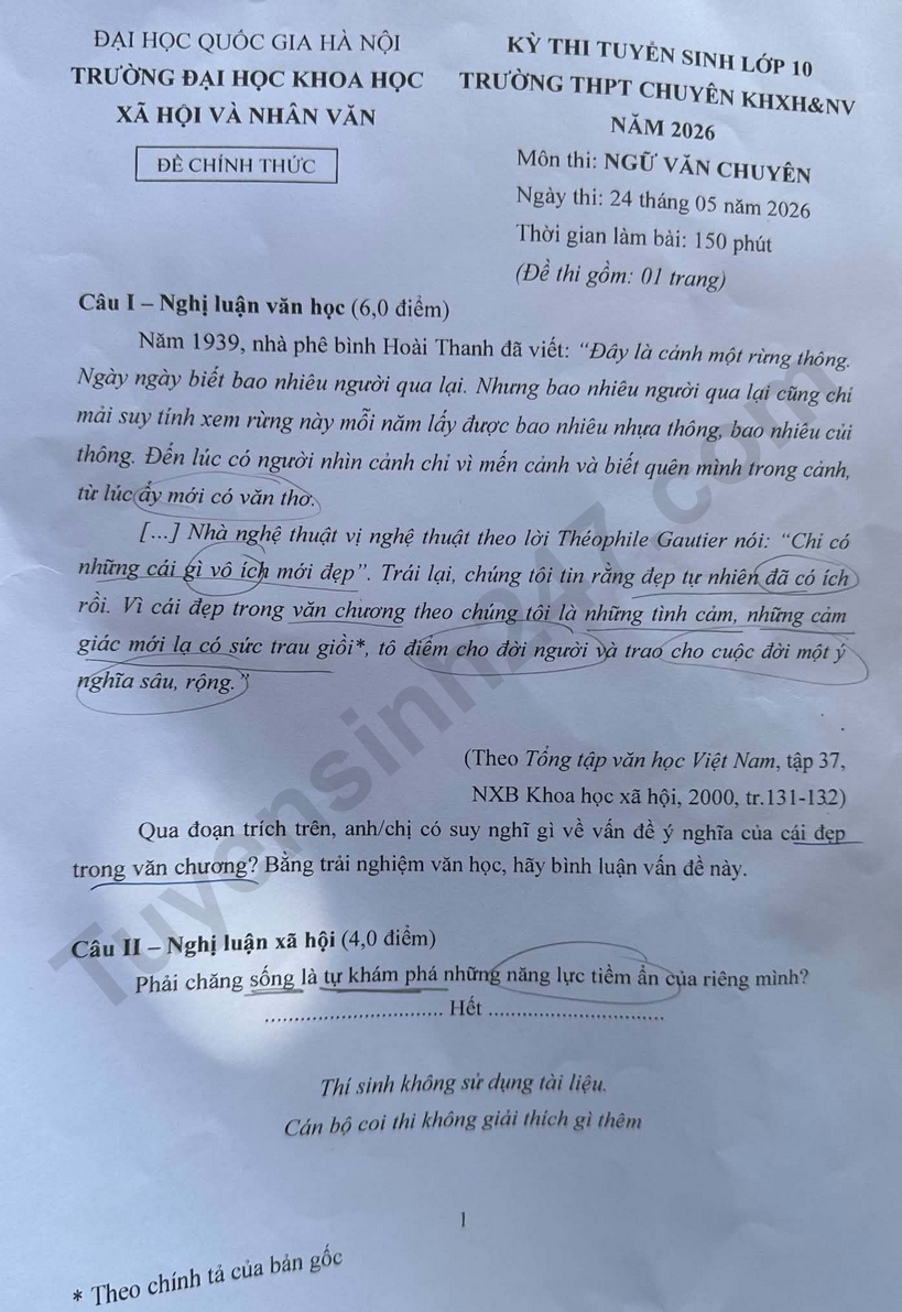 De thi vao lop 10 mon Van chuyen 2026 - Chuyen Khoa hoc xa hoi va nhan van HN