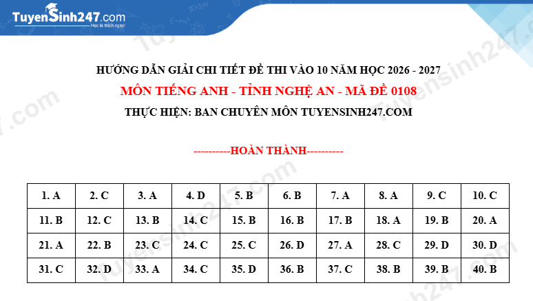 Dap an de thi vao lop 10 mon Anh 2026 - Nghe An