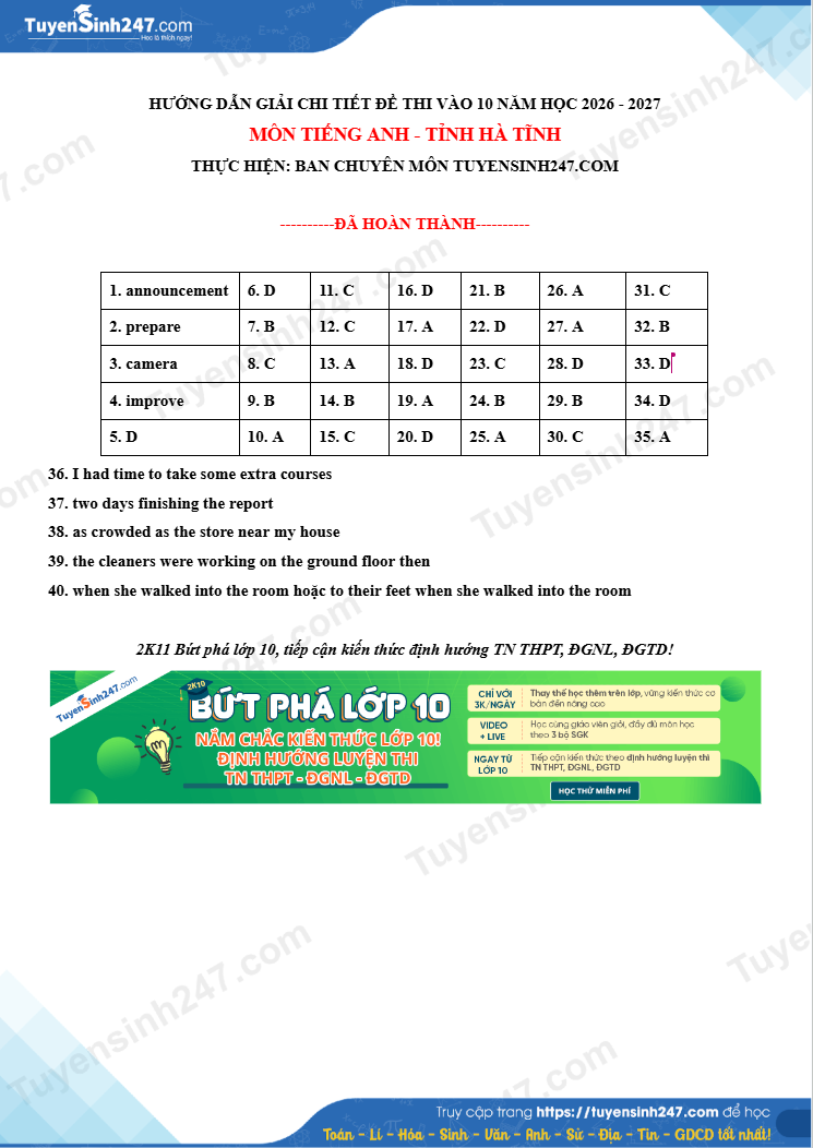 Dap an de thi vao lop 10 mon Anh - Ha Tinh 2026