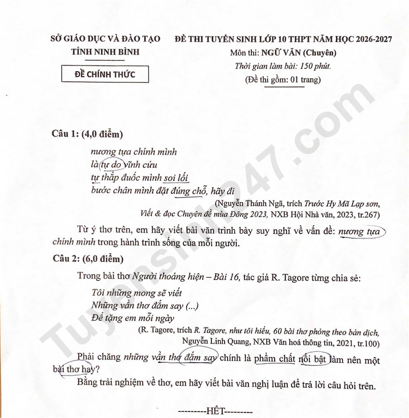 De thi vao lop 10 mon Ngu Van - chuyen Ninh Binh