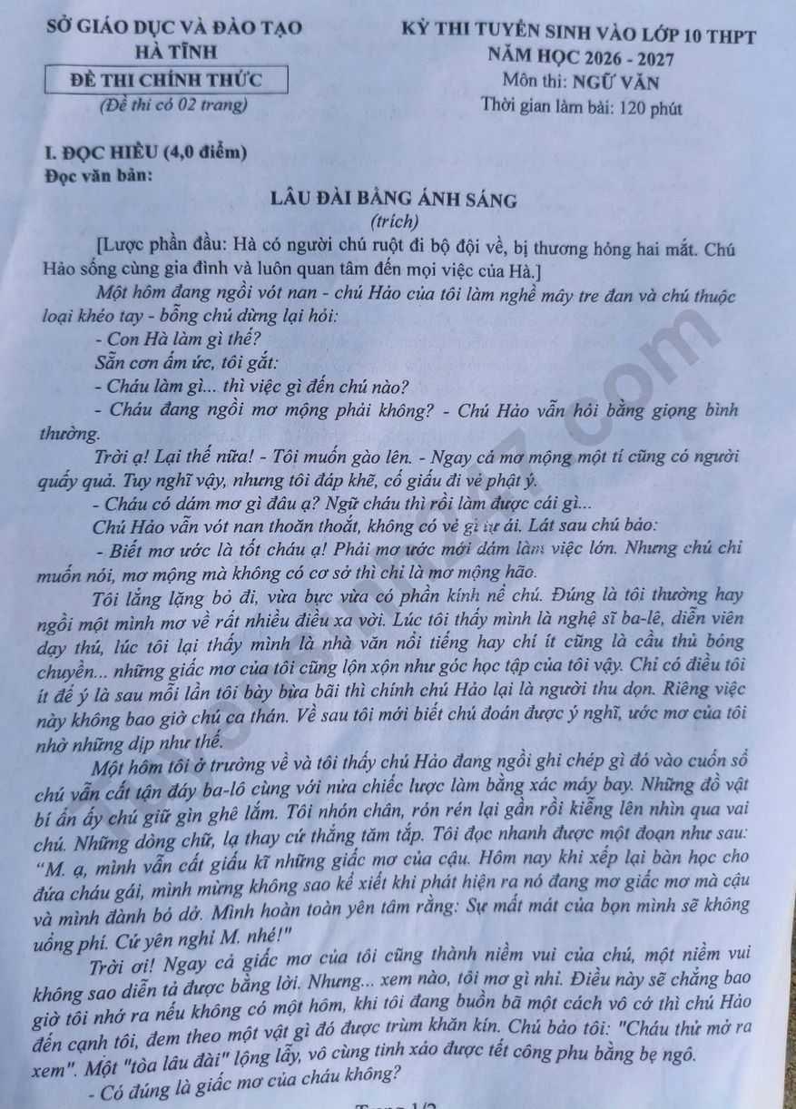 Dap an de thi vao lop 10 mon Van - Ha Tinh 2026