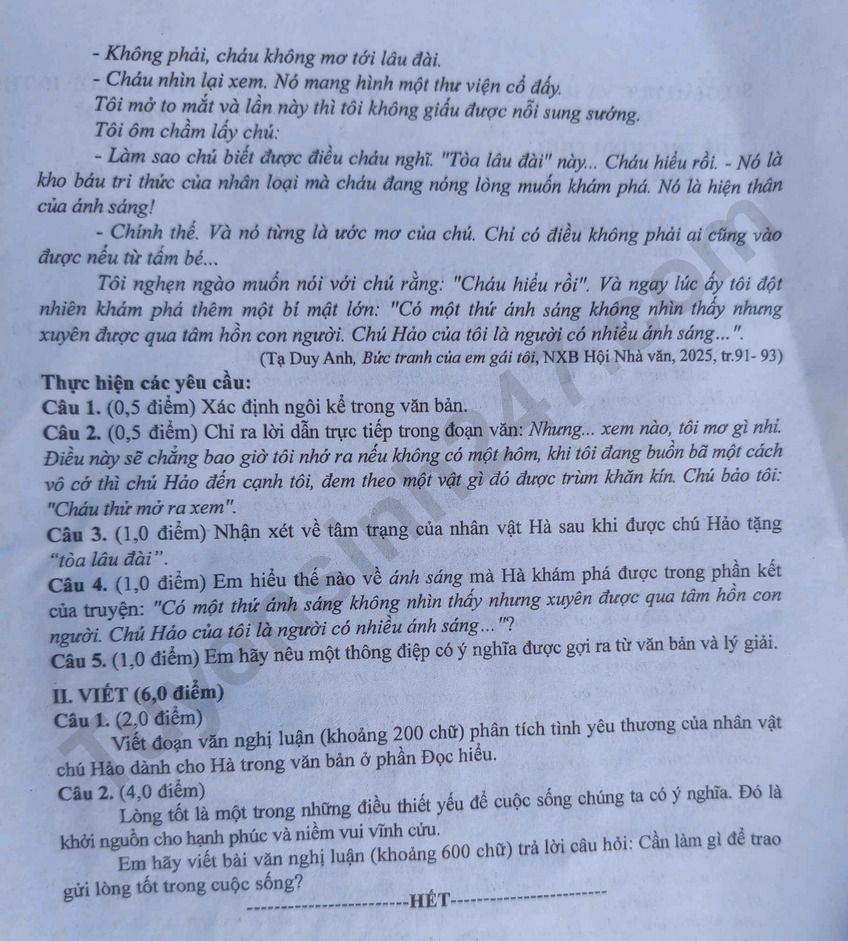 Dap an de thi vao lop 10 mon Van - Ha Tinh 2026