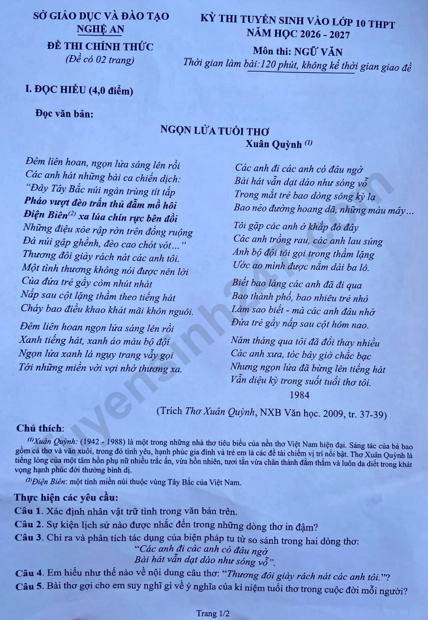 Dap an de thi vao lop 10 mon Van - Nghe An 2026