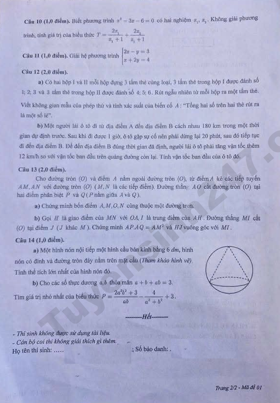 Dap an de thi vao lop 10 mon Toan - Ha Tinh 2026
