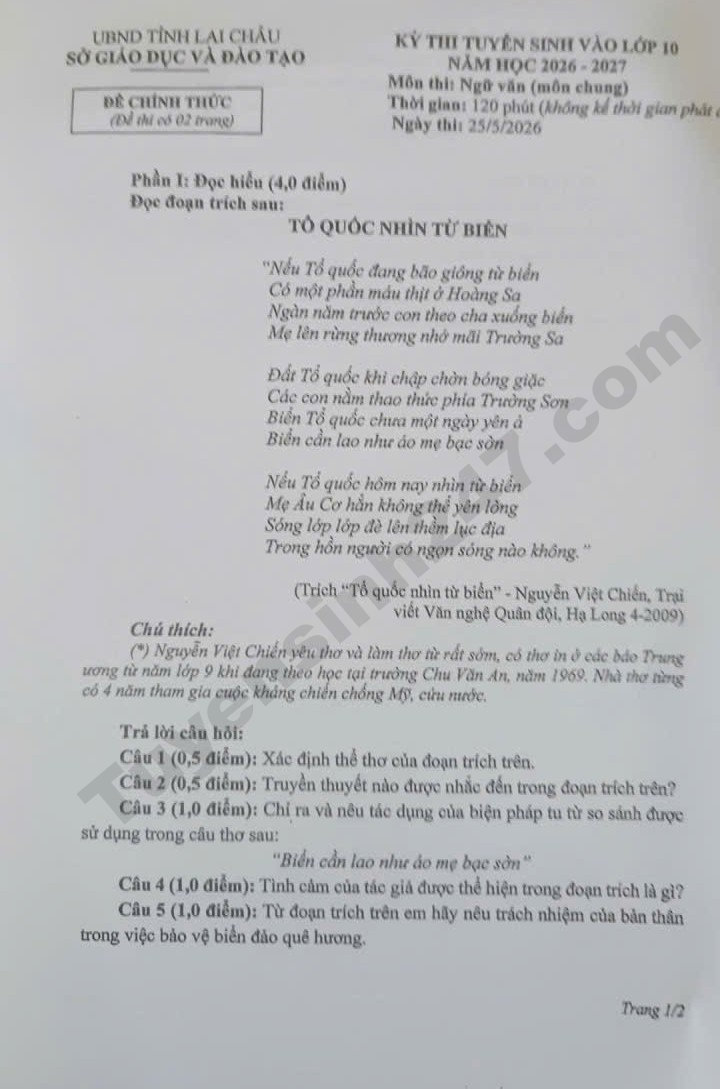 Dap an de thi vao lop 10 mon Van - Lai Chau 2026