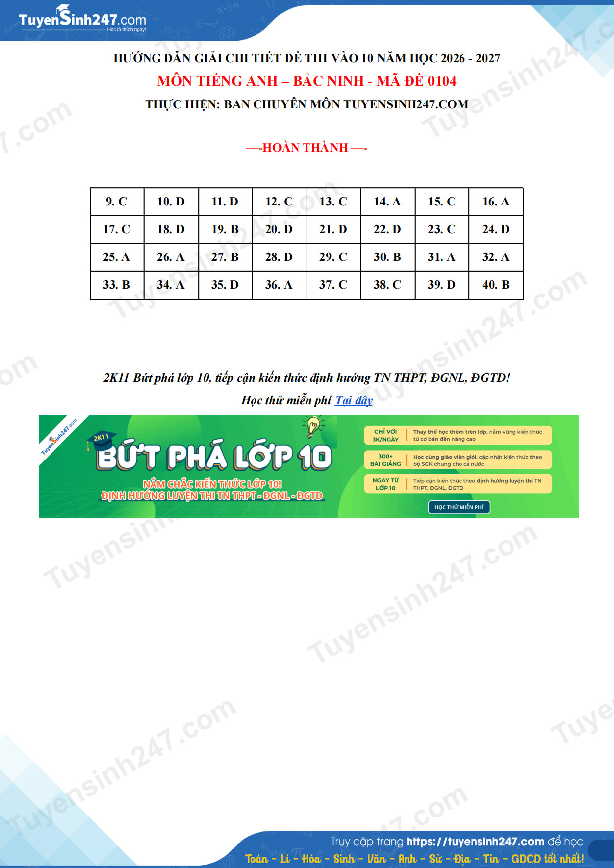 Dap an de thi mon Anh vao lop 10 - Bac Ninh 2026