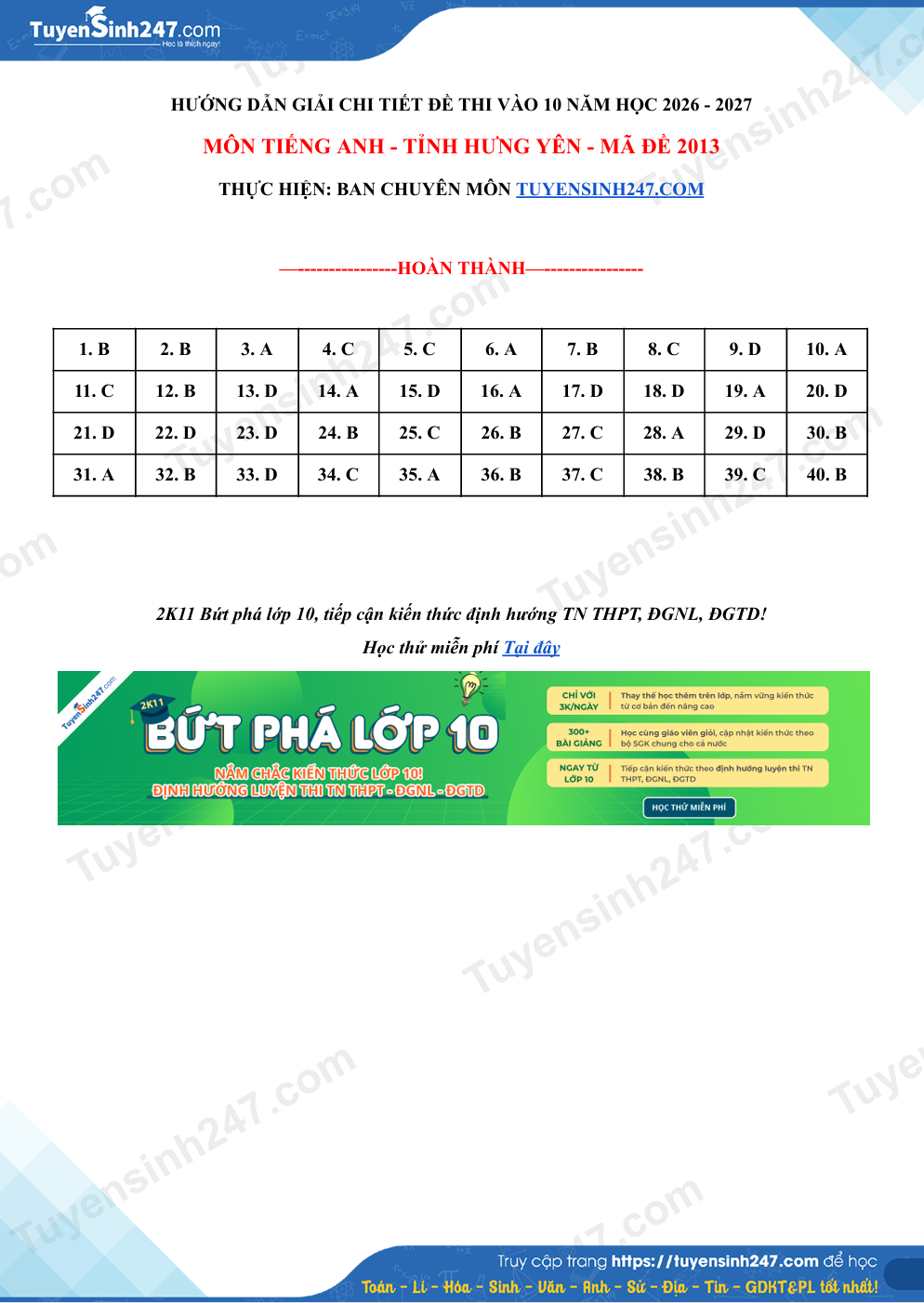 Dap an de thi vao lop 10 mon Tieng Anh - Hung Yen 2026