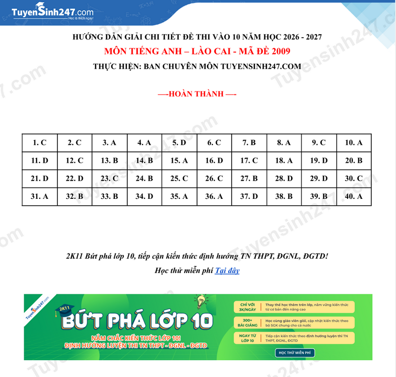 Dap an de thi vao lop 10 mon Anh 2026 - Lao Cai