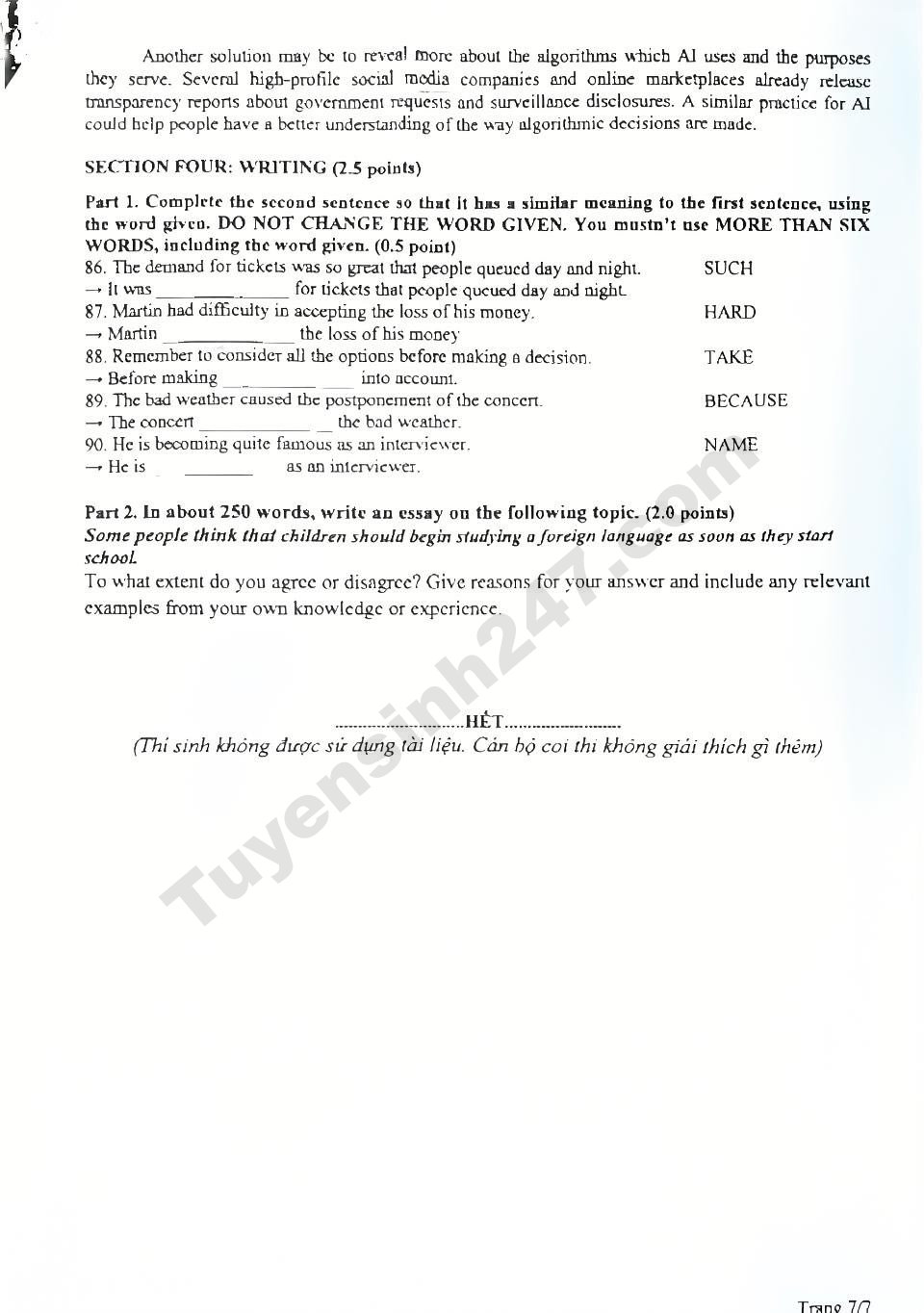 De thi lop 10 mon Tieng Anh - Chuyen Quang Tri 2026 - 2027
