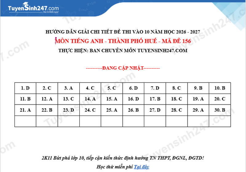 Dap an de thi vao lop 10 mon Anh 2026 - Hue