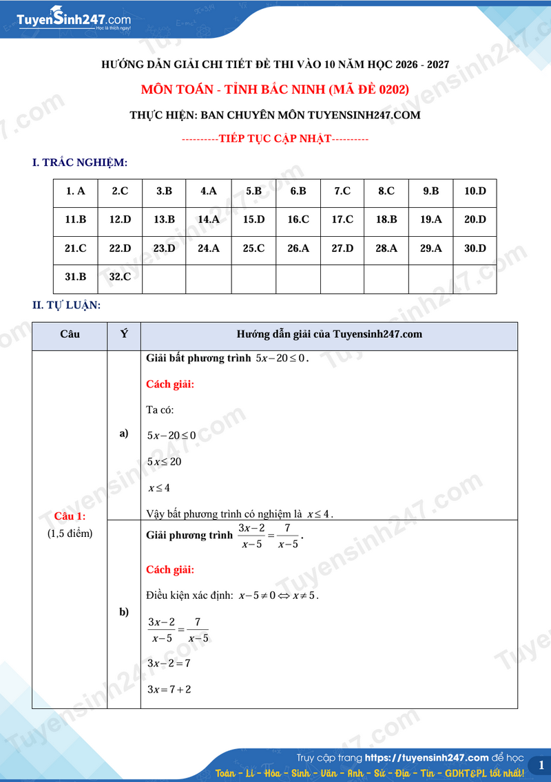 Dap an de thi mon Toan vao lop 10 - Bac Ninh 2026