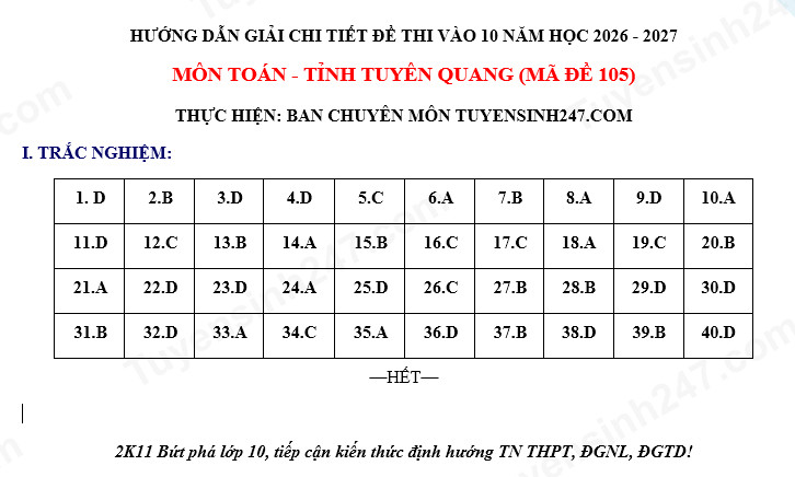 Dap an de thi vao lop 10 mon Toan - Tuyen Quang 2026