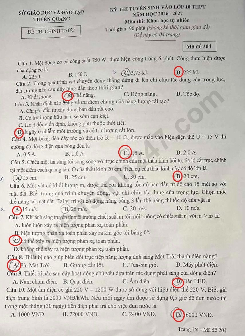 Dap an de thi mon Khoa hoc Tu nhien lop 10 - Tuyen Quang 