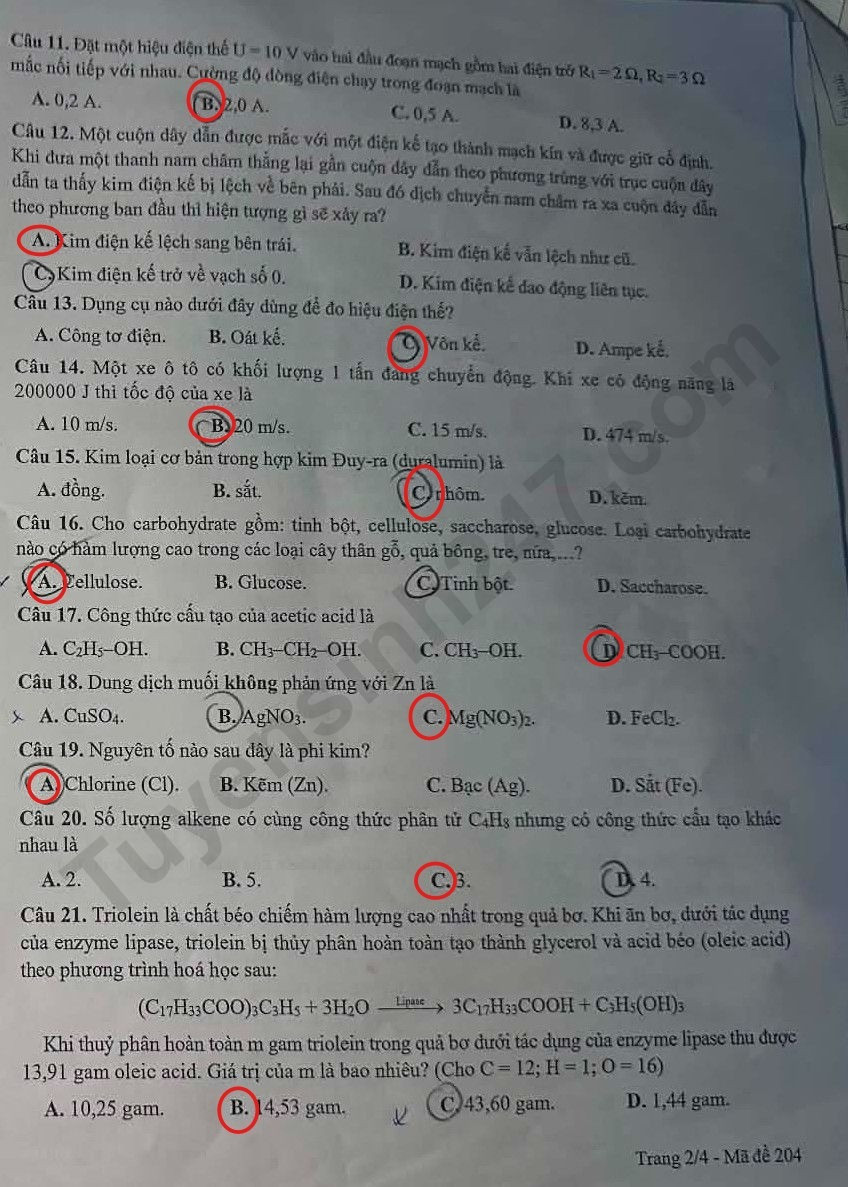 Dap an de thi mon Khoa hoc Tu nhien lop 10 - Tuyen Quang 