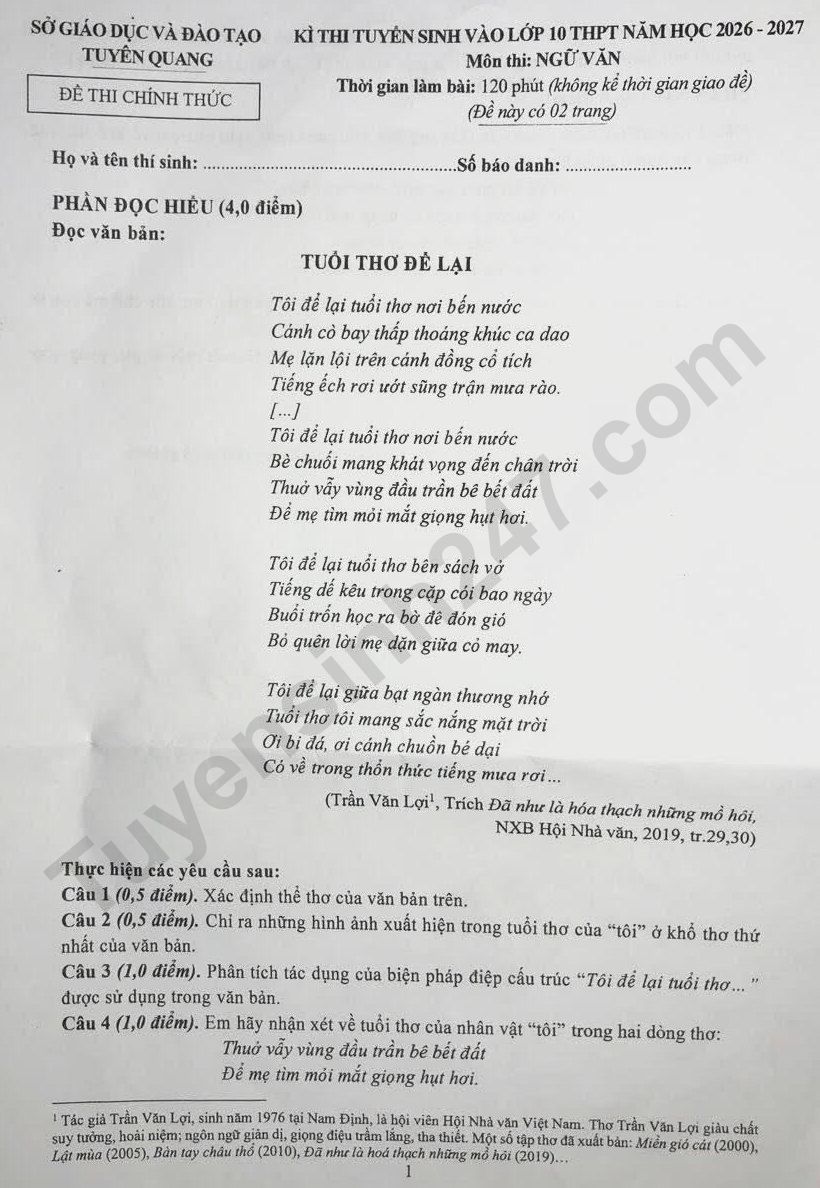 Dap an de thi vao lop 10 mon Van 2026 - Tuyen Quang