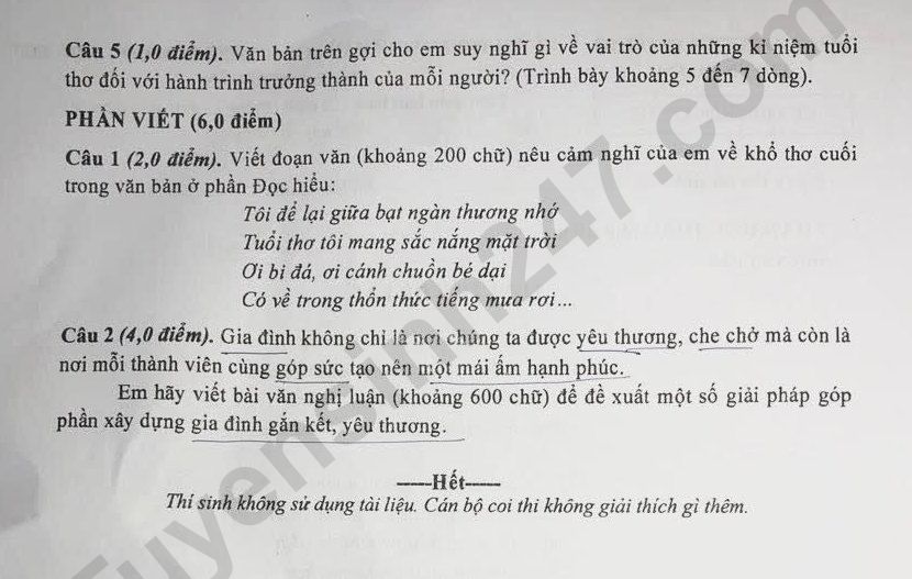 Dap an de thi vao lop 10 mon Van 2026 - Tuyen Quang
