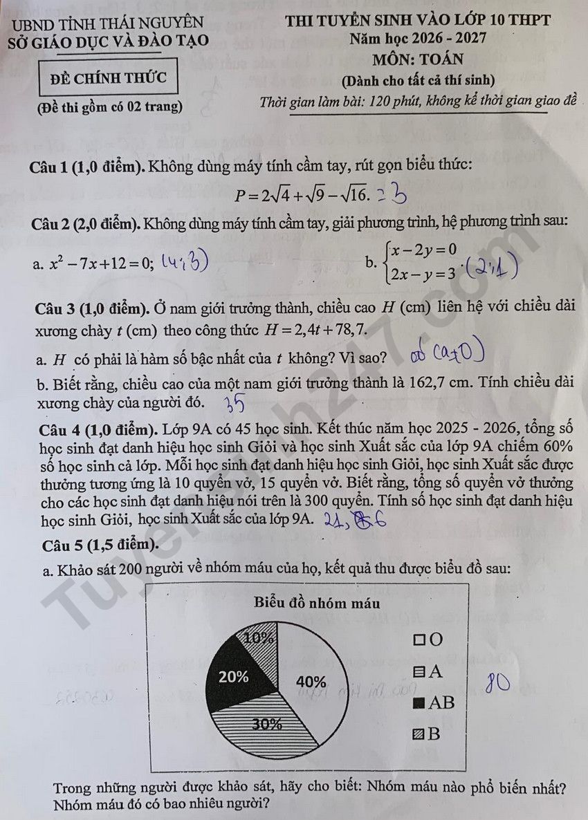 Dap an de thi vao lop 10 mon Toan 2026 - Thai Nguyen