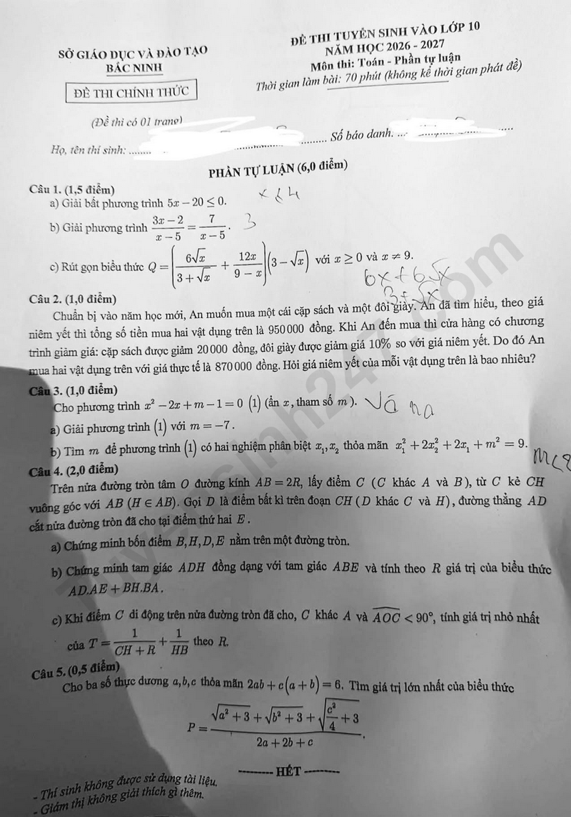 Dap an de thi mon Toan vao lop 10 - Bac Ninh 2026