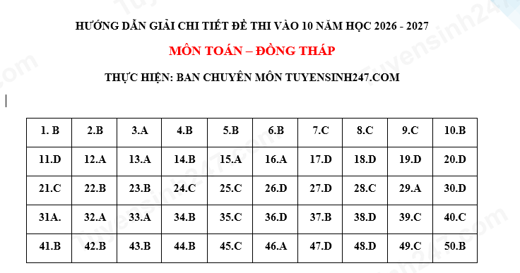 Dap an de thi vao lop 10 mon Toan 2026 - Dong Thap