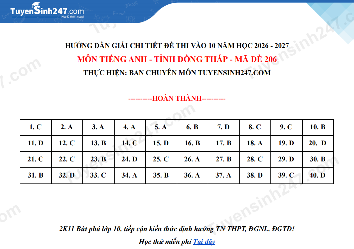 Dap an de thi vao lop 10 mon Anh 2026 - Dong Thap