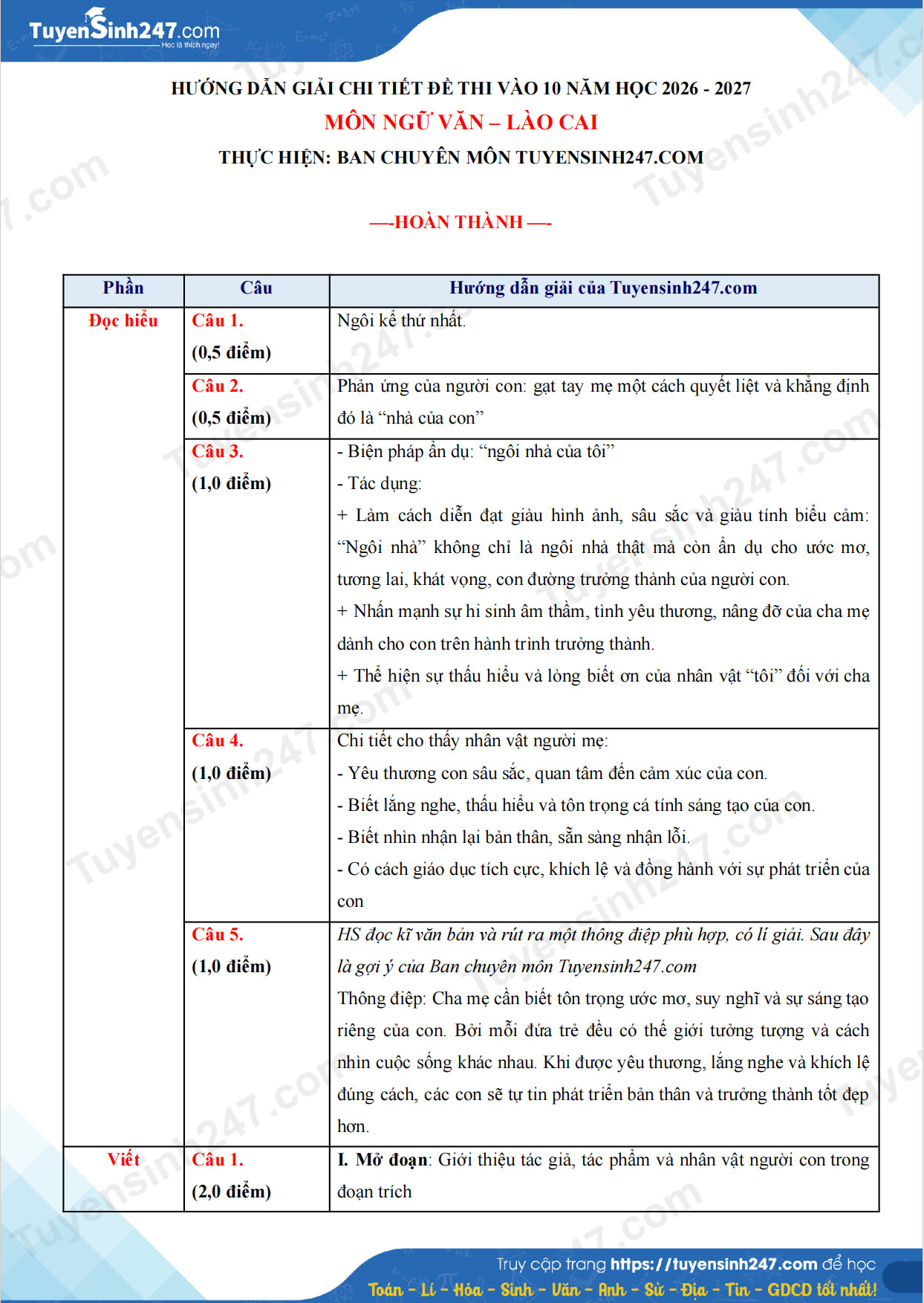 Dap an de thi mon Van vao lop 10 - Lao Cai 2026