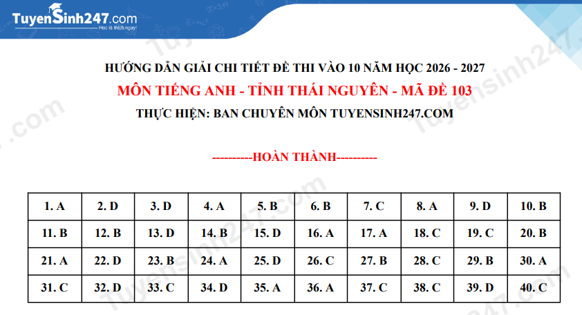 Dap an de thi lop 10 mon Anh - Thai Nguyen 2026