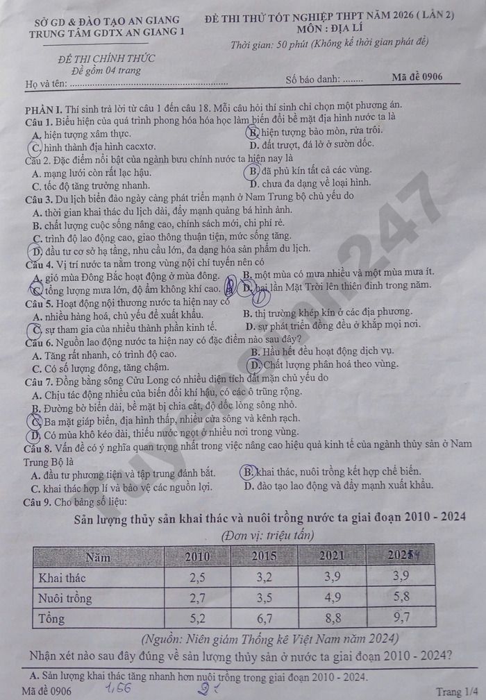 De thi thu tot nghiep THPT mon Dia 2026 - Trung tam GDTX An Giang 1 (lan 2)