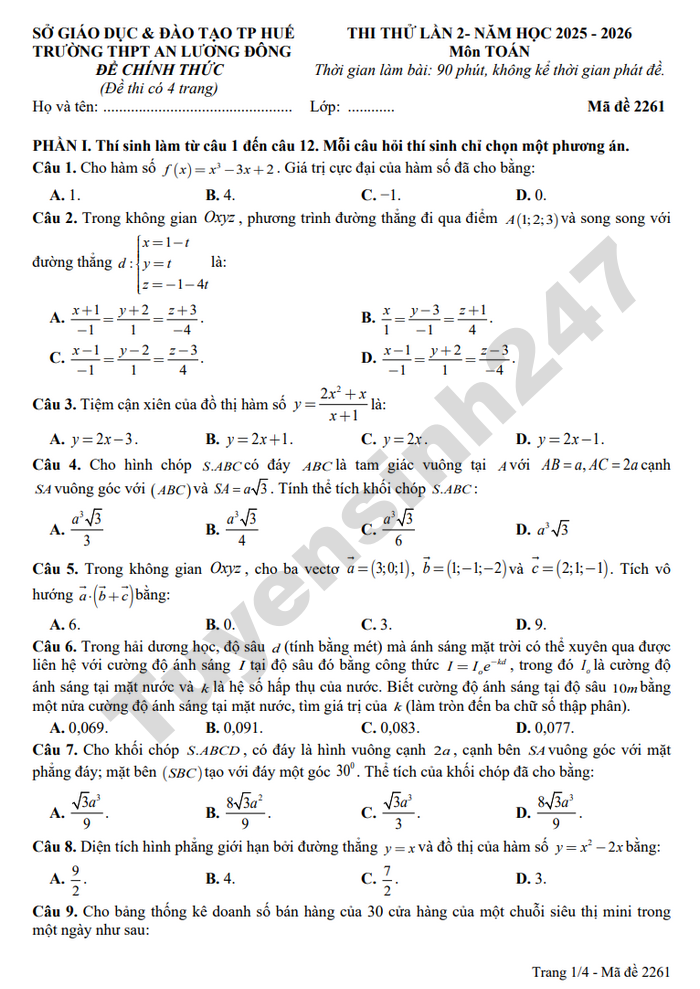 De thi thu mon Toan TN THPT 2026 lan 2 - THPT An Luong Dong