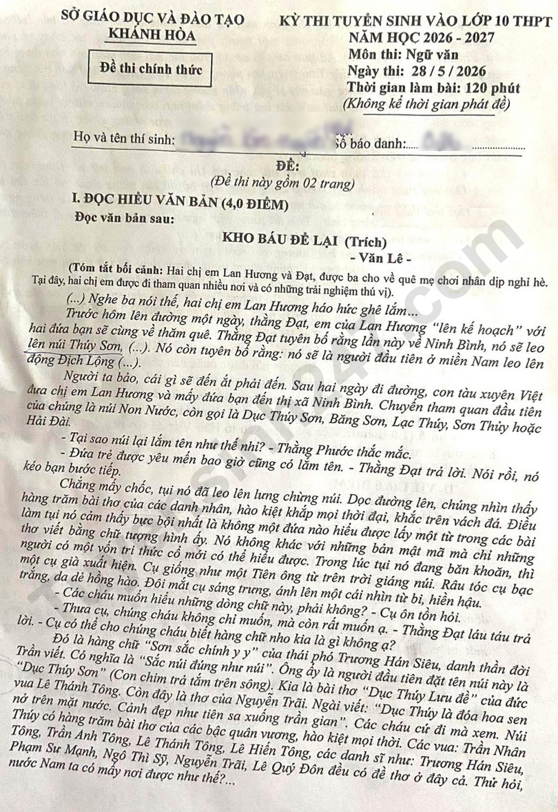De thi dap an lop 10 mon Van - Khanh Hoa 