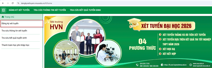 Hoc vien nong nghiep VN (VNUA) huong dan dang ky xet tuyen 2026