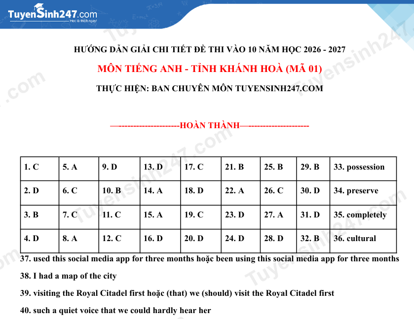 Dap an de thi vao lop 10 mon Anh - Khanh Hoa 2026