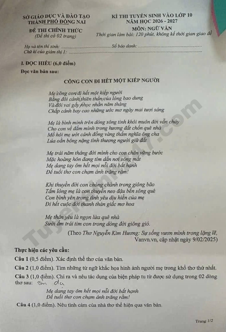 Dap an de thi vao lop 10 Dong Nai mon Van 2026