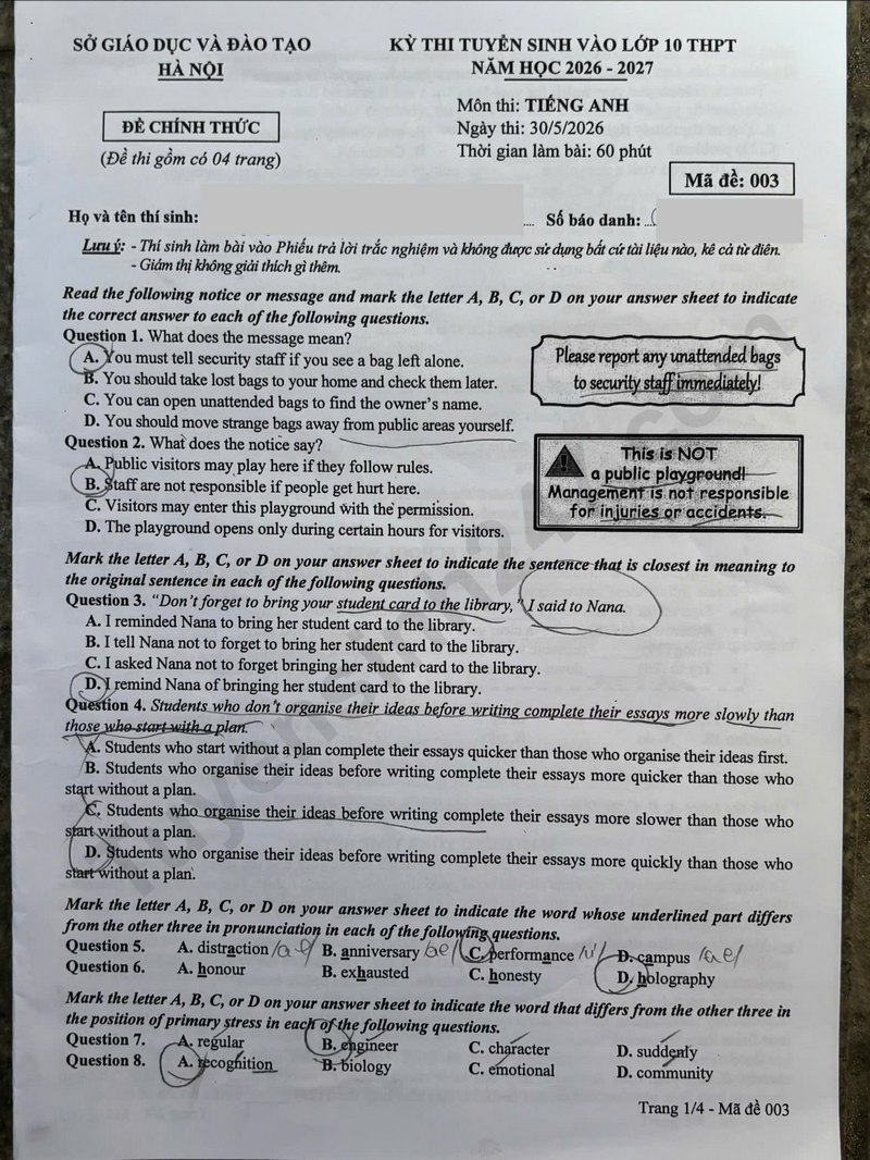 Dap an de thi mon Anh vao lop 10 - Ha Noi 2026 (Ma de 003)