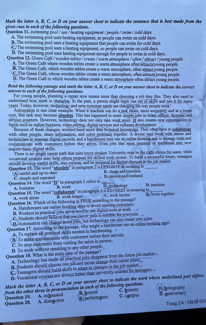 Dap an de thi vao lop 10 mon Anh - Ha Noi 2026 (Ma de 005)