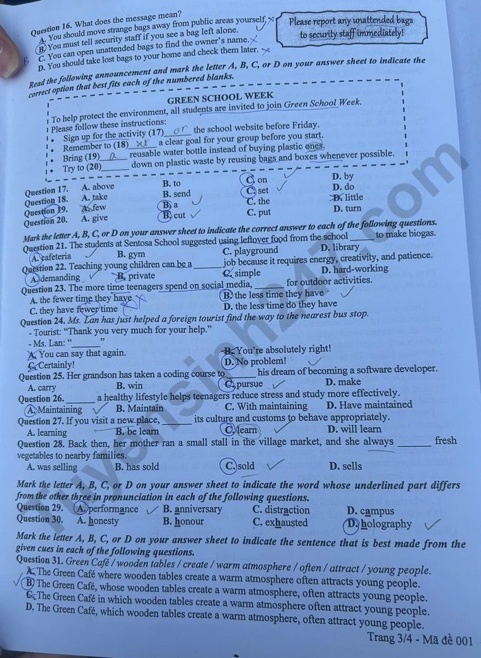 Dap an de thi vao lop 10 mon Anh - Ha Noi 2026 (Ma 001)