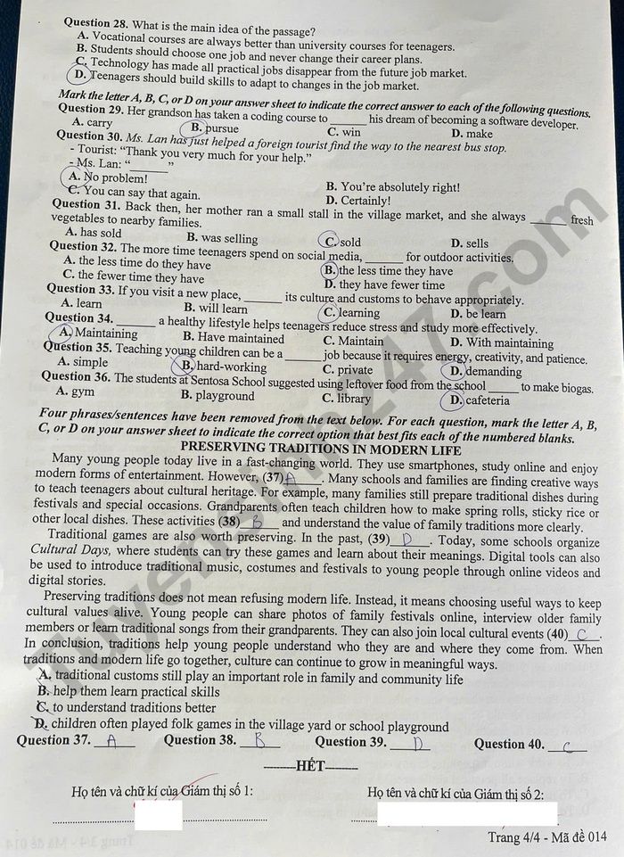 Dap an de thi vao lop 10 mon Anh - Ha Noi 2026 (Ma 014)