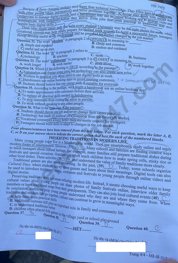 Dap an de thi vao lop 10 mon Anh - Ha Noi 2026 (Ma 017)