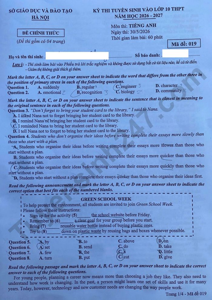 Dap an de thi vao lop 10 mon Anh - Ha Noi 2026 (Ma 019)