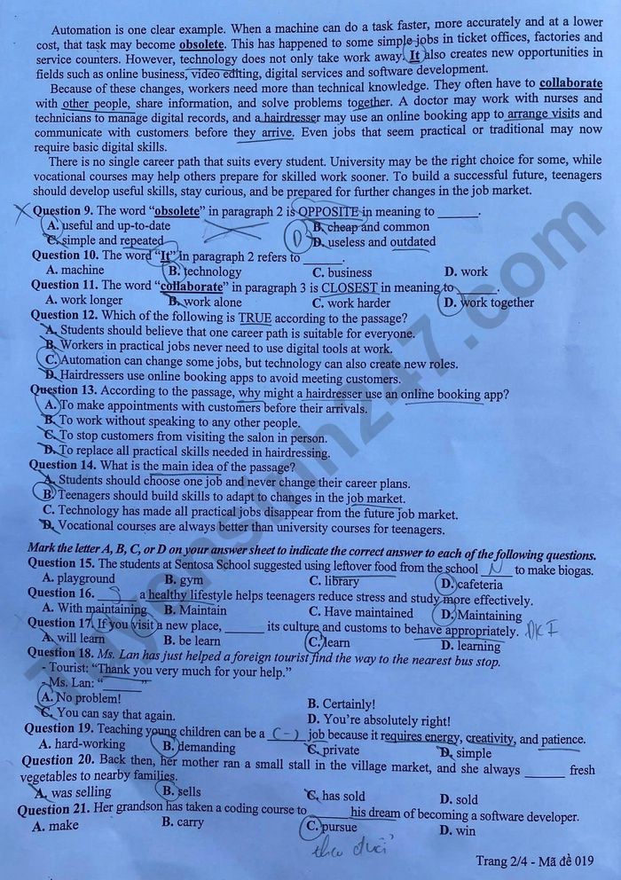 Dap an de thi vao lop 10 mon Anh - Ha Noi 2026 (Ma 019)