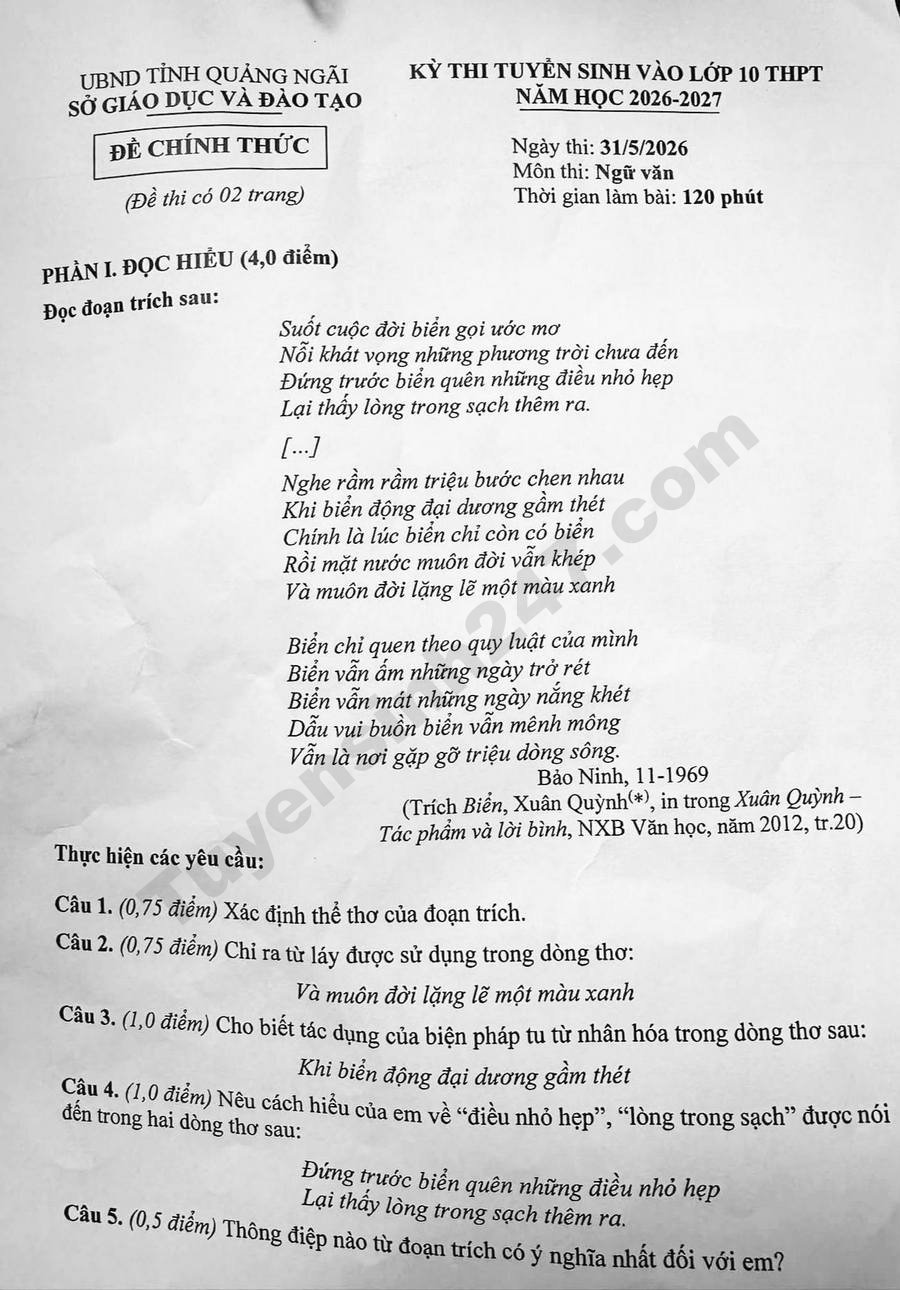 Dap an de thi vao lop 10 mon Van - Quang Ngai 2026