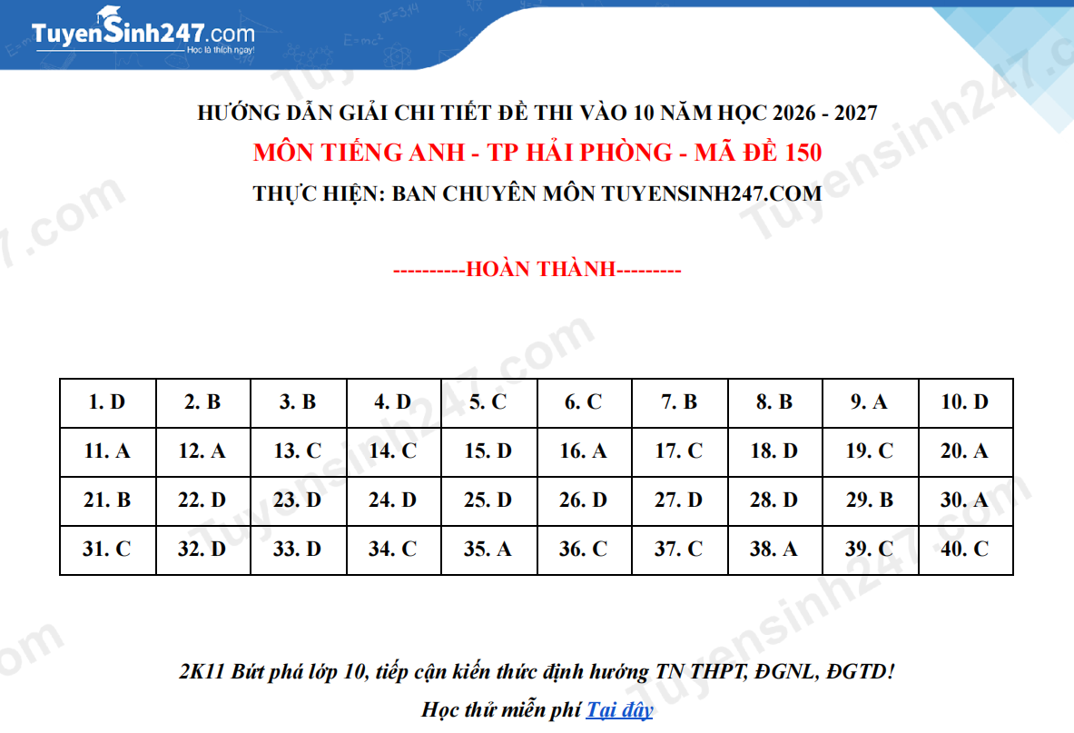 Dap an de thi vao lop 10 mon Anh 2026 - Hai Phong